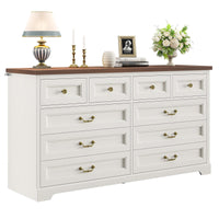 Sikaic Dresser 55 Inches 10 Drawers Dresser with Natural Texture and Vintage Handles White White / Engineered Wood / Modern