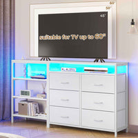 Sikaic Dresser Corner L Shaped LED TV Stand Convertible Dresser with Charging Station and Open Shelf & PU Finish Drawers for Living Room White White / Engineered Wood / Modern