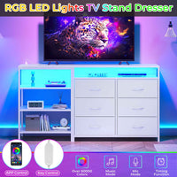 Sikaic Dresser Corner L Shaped LED TV Stand Convertible Dresser with Charging Station and Open Shelf & PU Finish Drawers for Living Room White White / Engineered Wood / Modern