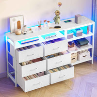 Sikaic Dresser Corner L Shaped LED TV Stand Convertible Dresser with Charging Station and Open Shelf & PU Finish Drawers for Living Room White White / Engineered Wood / Modern