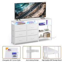 Sikaic Dresser Corner L Shaped LED TV Stand Convertible Dresser with Charging Station and Open Shelf & PU Finish Drawers for Living Room White White / Engineered Wood / Modern