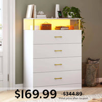 Sikaic Dresser Tall Dresser with LED Lights 4 Storage Drawers White White / Engineered Wood / Modern