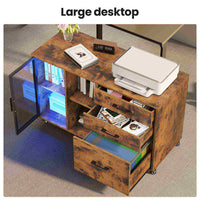 Sikaic File Cabinet 39.4 Inches Wide Mobile File Cabinet with LED Lights and 3 Drawers & Locking Wheels Brown Brown / Engineered Wood / Modern