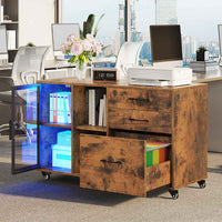 Sikaic File Cabinet 39.4 Inches Wide Mobile File Cabinet with LED Lights and 3 Drawers & Locking Wheels Brown Brown / Engineered Wood / Modern