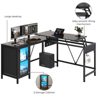 Sikaic Gaming Desk 50.4 Inches Reversible L Shaped Gaming Desk With Lift Top Adjustable Standing and RGB LED File Drawer Black Black / Engineered Wood / Modern