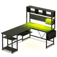 Sikaic Gaming Desk 57.5 Inches Reversible L Shaped Gaming Desk with LED Lights and Power Outlet Black Black / Engineered Wood / Modern