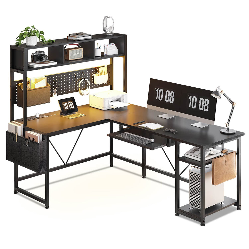 Sikaic Gaming Desk 57.5 Inches Reversible L Shaped Gaming Desk with LED Lights and Power Outlet Black Black / Engineered Wood / Modern