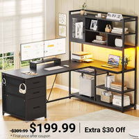 Sikaic Gaming Desk 58 Inches L Shaped Gaming Desk with LED Light 3 Drawers and Bookshelf Storage Shelves Black Black / Engineered Wood / Modern