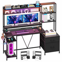 Sikaic Gaming Desk 65 Inches Reversible LED Light Gaming Desk with Hutch Power Outlets  Monitor Stand 2 Drawers 4 Shelves Pegboard 8 Hooks Mouse Pad Black