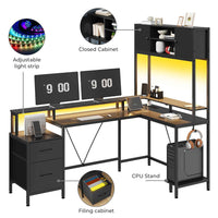 Sikaic Gaming Desk Reversible L-Shaped Led Gaming Desk With Power Outlets and Monitor Stand & 2 Drawers Black Black / Engineered Wood / Modern