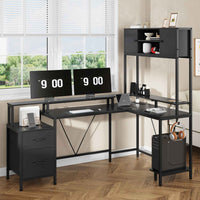 Sikaic Gaming Desk Reversible L-Shaped Led Gaming Desk With Power Outlets and Monitor Stand & 2 Drawers Black Black / Engineered Wood / Modern