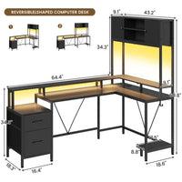 Sikaic Gaming Desk Reversible L-Shaped Led Gaming Desk With Power Outlets and Monitor Stand & 2 Drawers Black Black / Engineered Wood / Modern