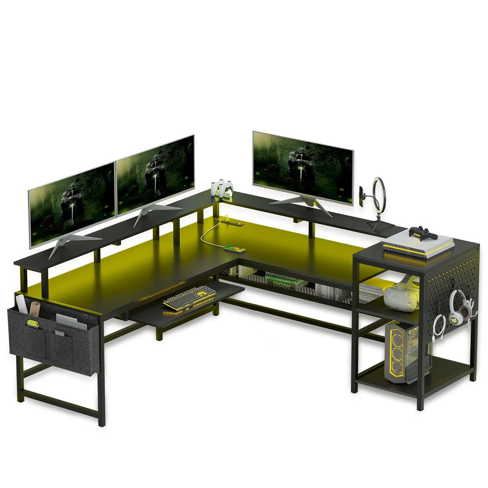 Sikaic Gaming Desk L Shaped Reversible LED Gaming Desk with Power Outlets Black Black / Industrial