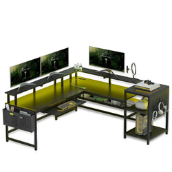 Sikaic Gaming Desk L Shaped Reversible LED Gaming Desk with Power Outlets Black Black / Industrial