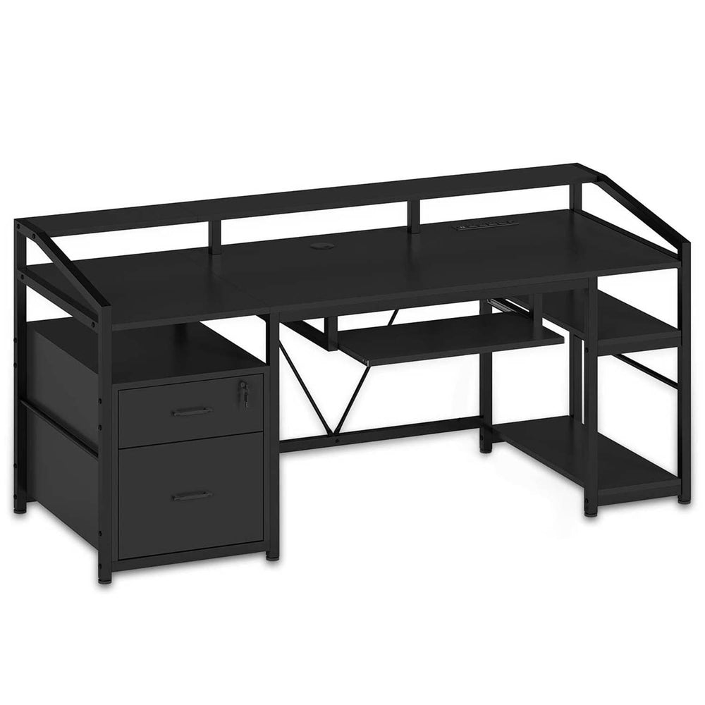 Sikaic Gaming Desk 63 Inches Gaming Desk with LED Light Drawers Black Black / Modern / Alloy Steel