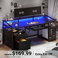 Sikaic Gaming Desk 63 Inches Gaming Desk with LED Light Drawers Black Black / Modern / Alloy Steel