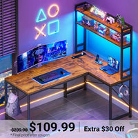 Sikaic Gaming Desk 45.3 inches LED Reversible L Shaped Gaming Desk with Hutch Power Outlet Storage Shelves  and Hooks Brown Brown / Engineered Wood / Industrial