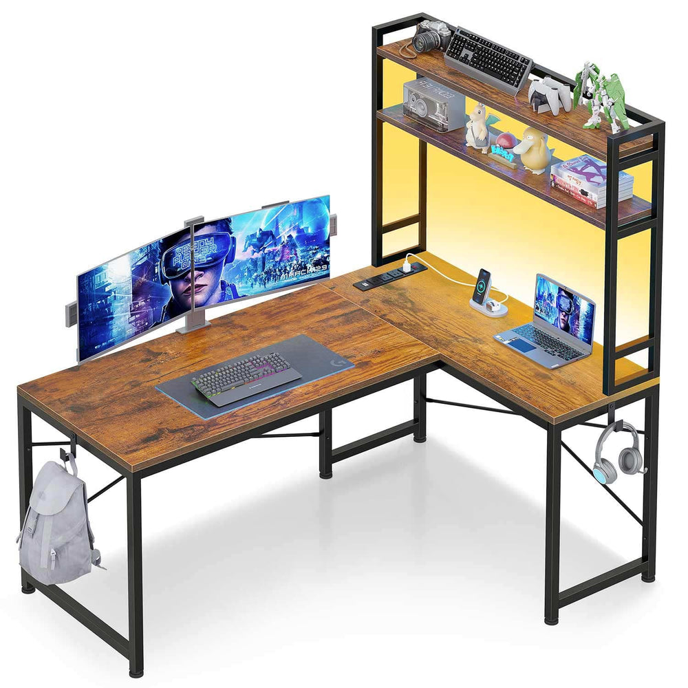 Sikaic Gaming Desk 45.3in LED Reversible Gaming Desk Brown Brown / Engineered Wood / Industrial