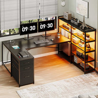 Sikaic Gaming Desk 64.5 inches Reversible L Shaped Desk with Storage Shelves  U Shaped Gaming Desk with 3 Drawers Power Outlet & LED Strip Black