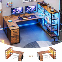 Sikaic Gaming Desk 64.5 inches Reversible L Shaped Desk with Storage Shelves U Shaped Gaming Desk with 3 Drawers Power Outlet & LED Strip Brown Brown / Engineered Wood / Industrial