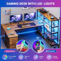 Sikaic Gaming Desk 64.5 inches Reversible L Shaped Desk with Storage Shelves U Shaped Gaming Desk with 3 Drawers Power Outlet & LED Strip Brown Brown / Engineered Wood / Industrial