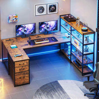 Sikaic Gaming Desk 64.5 inches Reversible L Shaped Desk with Storage Shelves U Shaped Gaming Desk with 3 Drawers Power Outlet & LED Strip Brown Brown / Engineered Wood / Industrial