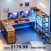 Sikaic Gaming Desk 64.5 inches Reversible L Shaped Desk with Storage Shelves U Shaped Gaming Desk with 3 Drawers Power Outlet & LED Strip Brown Brown / Engineered Wood / Industrial