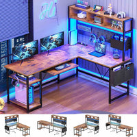 Sikaic Gaming Desk 57.5 Inches Reversible L Shaped Gaming Desk with LED Lights and Power Outlet Rustic Brown Brown / Engineered Wood / Modern