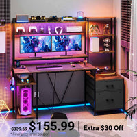 Sikaic Gaming Desk 65 Inches Reversible LED Light Gaming Desk with Hutch Power Outlets  Monitor Stand 2 Drawers 4 Shelves Pegboard 8 Hooks Mouse Pad Rustic Brown Brown / Engineered Wood / Modern