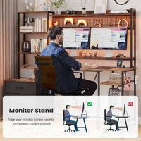 Sikaic Gaming Desk 65 Inches Reversible LED Light Gaming Desk with Hutch Power Outlets  Monitor Stand 2 Drawers 4 Shelves Pegboard 8 Hooks Mouse Pad Rustic Brown