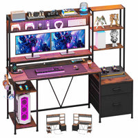 Sikaic Gaming Desk 65 Inches Reversible LED Light Gaming Desk with Hutch Power Outlets  Monitor Stand 2 Drawers 4 Shelves Pegboard 8 Hooks Mouse Pad Rustic Brown
