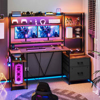 Sikaic Gaming Desk 65 Inches Reversible LED Light Gaming Desk with Hutch Power Outlets  Monitor Stand 2 Drawers 4 Shelves Pegboard 8 Hooks Mouse Pad Rustic Brown