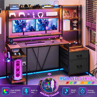 Sikaic Gaming Desk 65 Inches Reversible LED Light Gaming Desk with Hutch Power Outlets  Monitor Stand 2 Drawers 4 Shelves Pegboard 8 Hooks Mouse Pad Rustic Brown