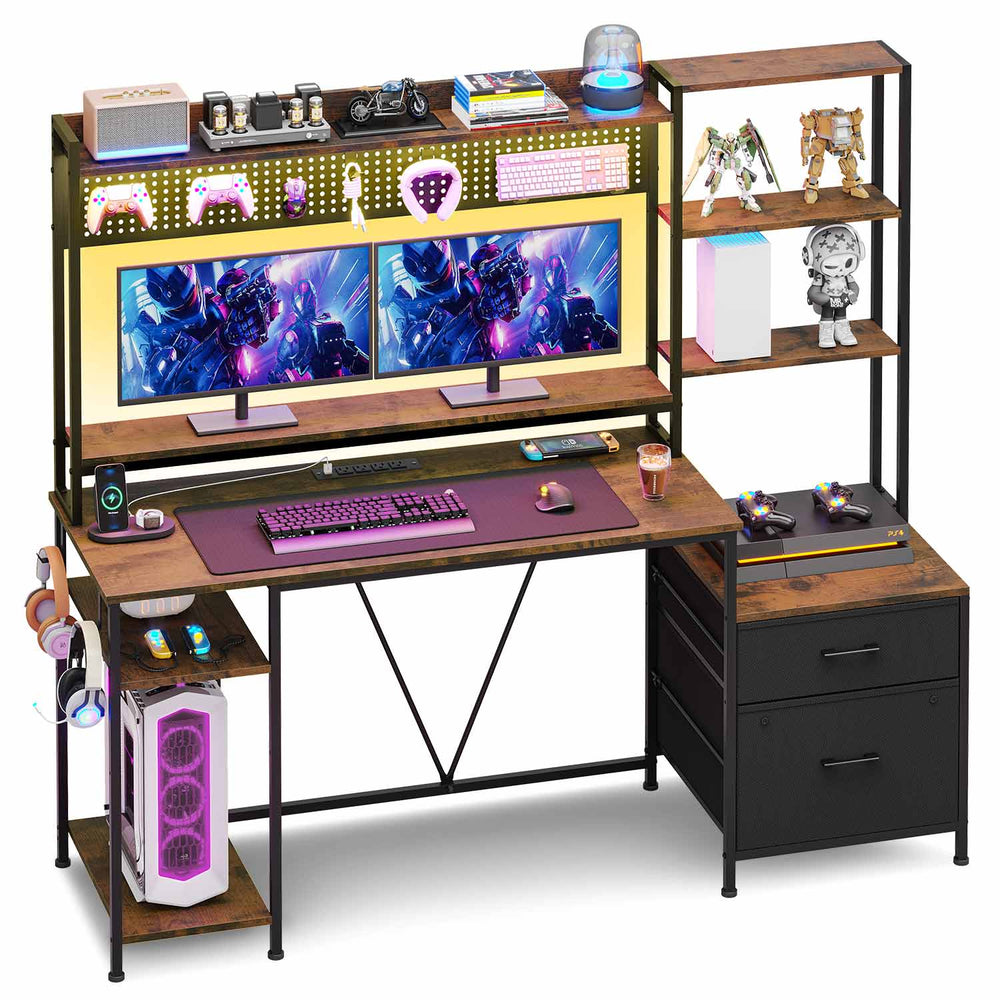 Sikaic Gaming Desk 65in Reversible LED Gaming Desk Brown Brown / Engineered Wood / Modern