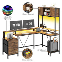 Sikaic Gaming Desk Reversible L-Shaped Led Gaming Desk With Power Outlets and Monitor Stand & 2 Drawers Brown Brown / Engineered Wood / Modern