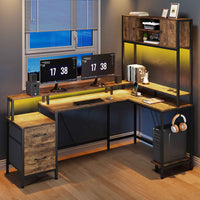 Sikaic Gaming Desk Reversible L-Shaped Led Gaming Desk With Power Outlets and Monitor Stand & 2 Drawers Brown Brown / Engineered Wood / Modern