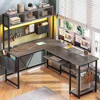 Sikaic Gaming Desk 57.5 Inches Reversible L Shaped Gaming Desk with LED Lights and Power Outlet Grey Grey / Engineered Wood / Modern