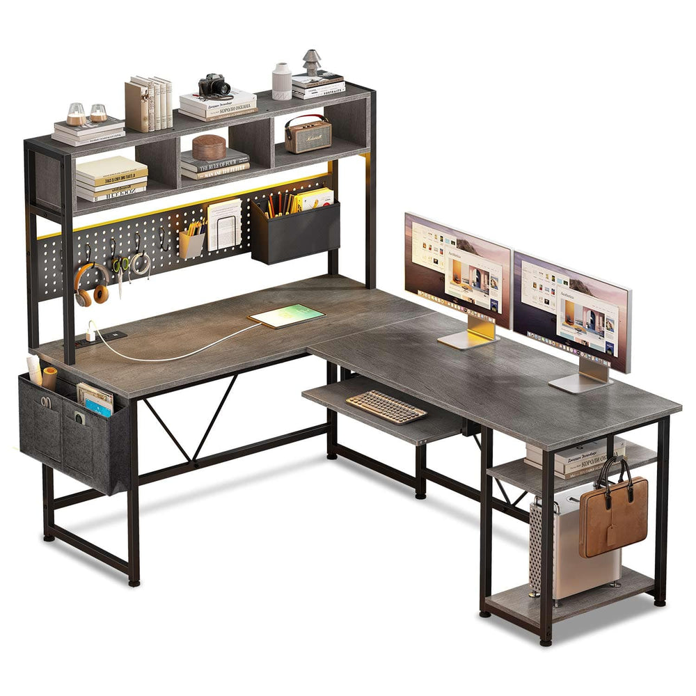 Sikaic Gaming Desk 57.5 Inches Reversible L Shaped Gaming Desk with LED Lights and Power Outlet Grey Grey / Engineered Wood / Modern