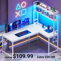 Sikaic Gaming Desk 45.3 inches LED Reversible L Shaped Gaming Desk with Hutch Power Outlet Storage Shelves  and Hooks White White / Engineered Wood / Industrial