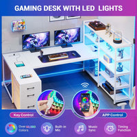 Sikaic Gaming Desk 64.5 inches Reversible L Shaped Desk with Storage Shelves  U Shaped Gaming Desk with 3 Drawers Power Outlet & LED Strip White White / Engineered Wood / Industrial
