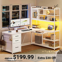 Sikaic Gaming Desk 58 Inches L Shaped Gaming Desk with LED Light 3 Drawers and Bookshelf Storage Shelves White White / Engineered Wood / Modern