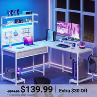 Sikaic Gaming Desk L Shaped Reversible LED Gaming Desk with Hutch Pegboard and Storage Shelves Drawers & Monitor Stand White White / Engineered Wood / Modern