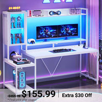 Sikaic Gaming Desk Led Gaming Desk with Power Outlets and Glass Display Cabinet Monitor Stand Hooks CPU Stand White White / Engineered Wood / Modern