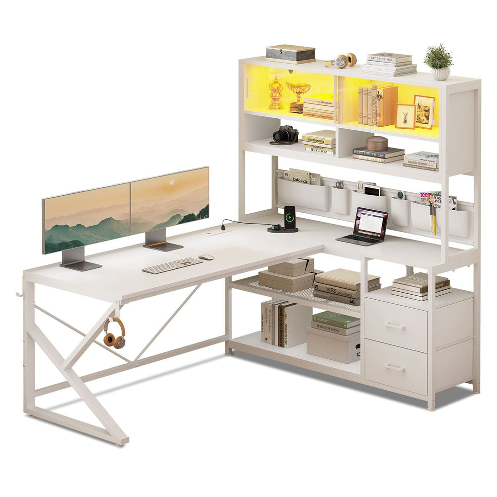 Sikaic Gaming Desk LED L Shaped Gaming Desk White White / Engineered Wood / Modern