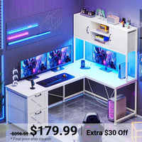 Sikaic Gaming Desk LED lights L Shaped Gaming Desk with Fabric File Drawers and Power Outlet Hutch & Storage Shelves White White / Engineered Wood / Modern