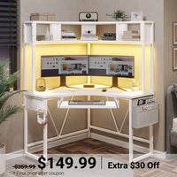 Sikaic Gaming Desk Triangle Corner Small LED Computer Desk with Hutch Keyboard Tray Storage Bag and Headphone Hook White White / Engineered Wood / Modern