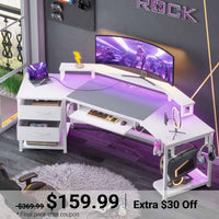 Sikaic Gaming Desk 79 Inches Wing Shaped Carbon Fiber Gaming Desk with 2 Fabric Drawers LED Light Storage Shelf White White / Modern