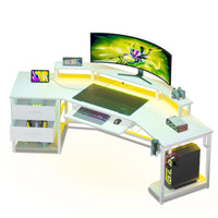 Sikaic Gaming Desk 79 Inches Wing Shaped Gaming Desk with 2 Drawers White White / Modern