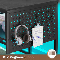 Sikaic 96" L Shaped Reversible LED Gaming Desk with Power Outlets LED Strip Monitor Shelf Keyboard Tray Pegboard and Storage Shelves Grey