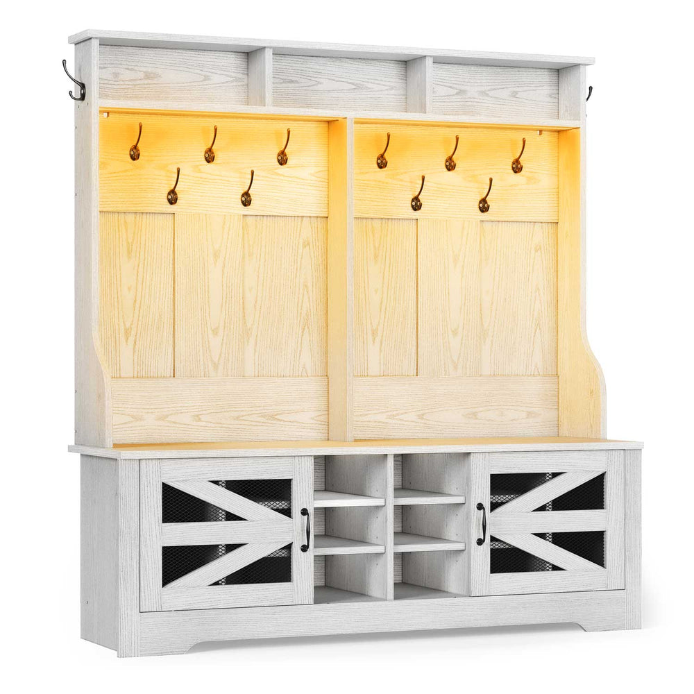 Sikaic Hall Tree 59.1 Inches 5-in-1 Hall Tree with 16 Shoe Cubbies Embossed White Embossed White / Engineered Wood / Modern